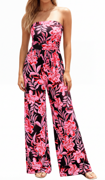 BTFBM Jumpsuits For Women Casual 2026 Floral Strapless Jumpsuit Wide Leg Rompers Beach Vacation Clothes Summer Outfits