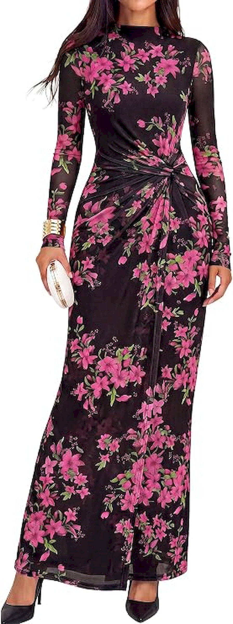 BTFBM Cocktail Dresses for Women Fall Fashion 2026 | Mock Neck, Floral, Sheer Mesh, Long Sleeve, Ruched, Twist Knot, Slit, Graduation,Baby Shower, Maxi Formal Wedding Guest Dress