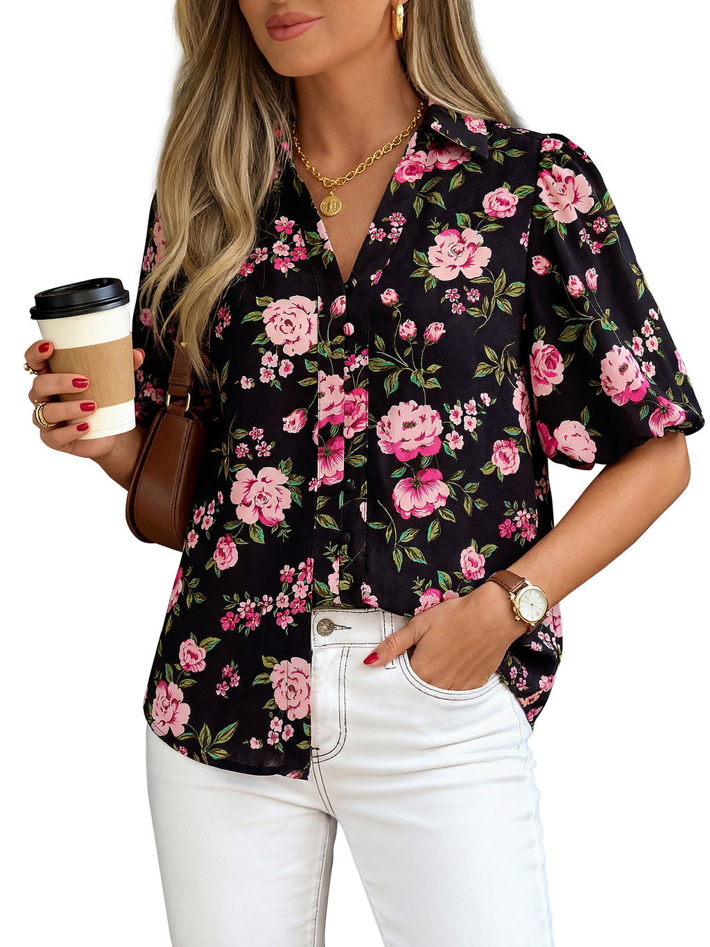 BTFBM Womens Tops Summer Button Down Shirts Casual Short Sleeve V Neck Floral Boho Business Blouses Vacation Outfits