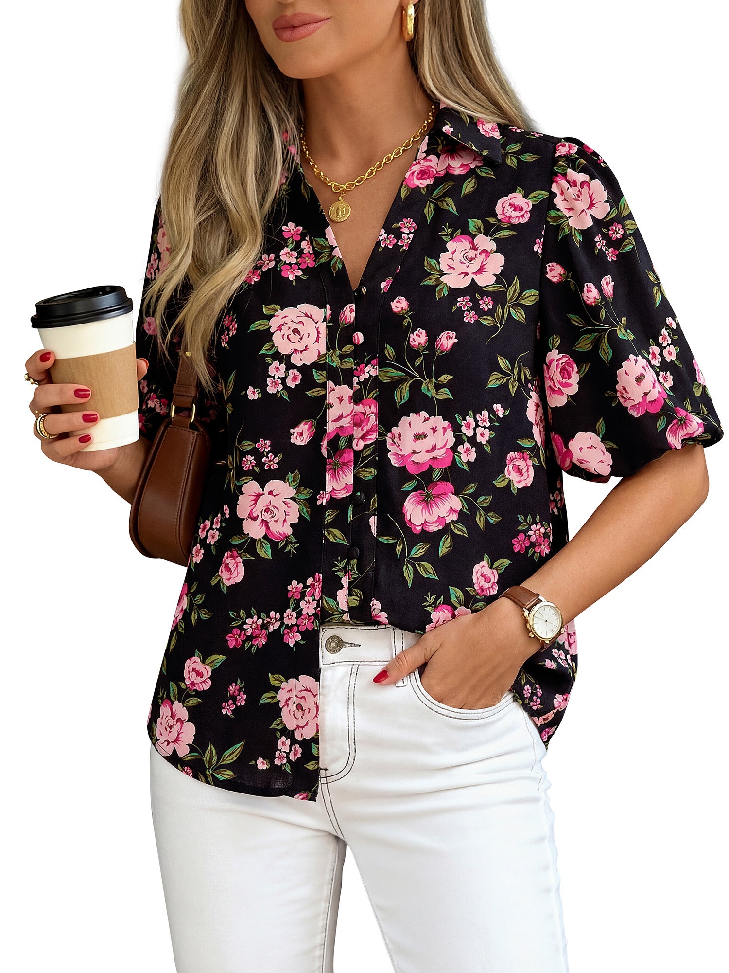BTFBM Womens Tops Summer Button Down Shirts Casual Short Sleeve V Neck Floral Boho Business Blouses Vacation Outfits