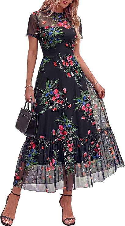 BTFBM Summer Dresses for Women 2026 Mesh Short Sleeve Floral Print Ruffle Long Boho Wedding Guest Dress Cocktail