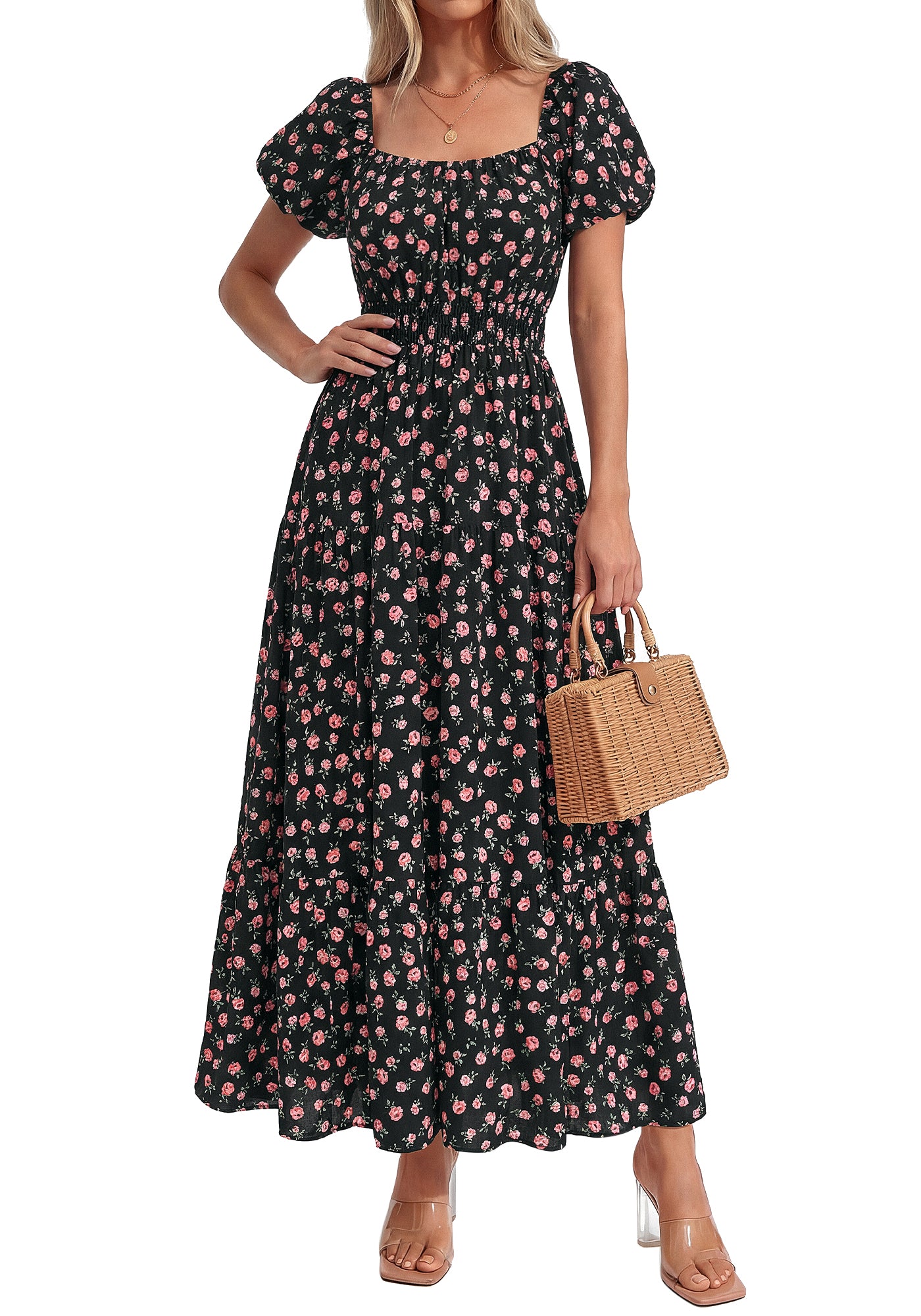 BTFBM Summer Dress For Women 2026 Spring Floral Short Sleeve Casual Flowy A-Line Smocked Tiered Maxi Dresses Pockets