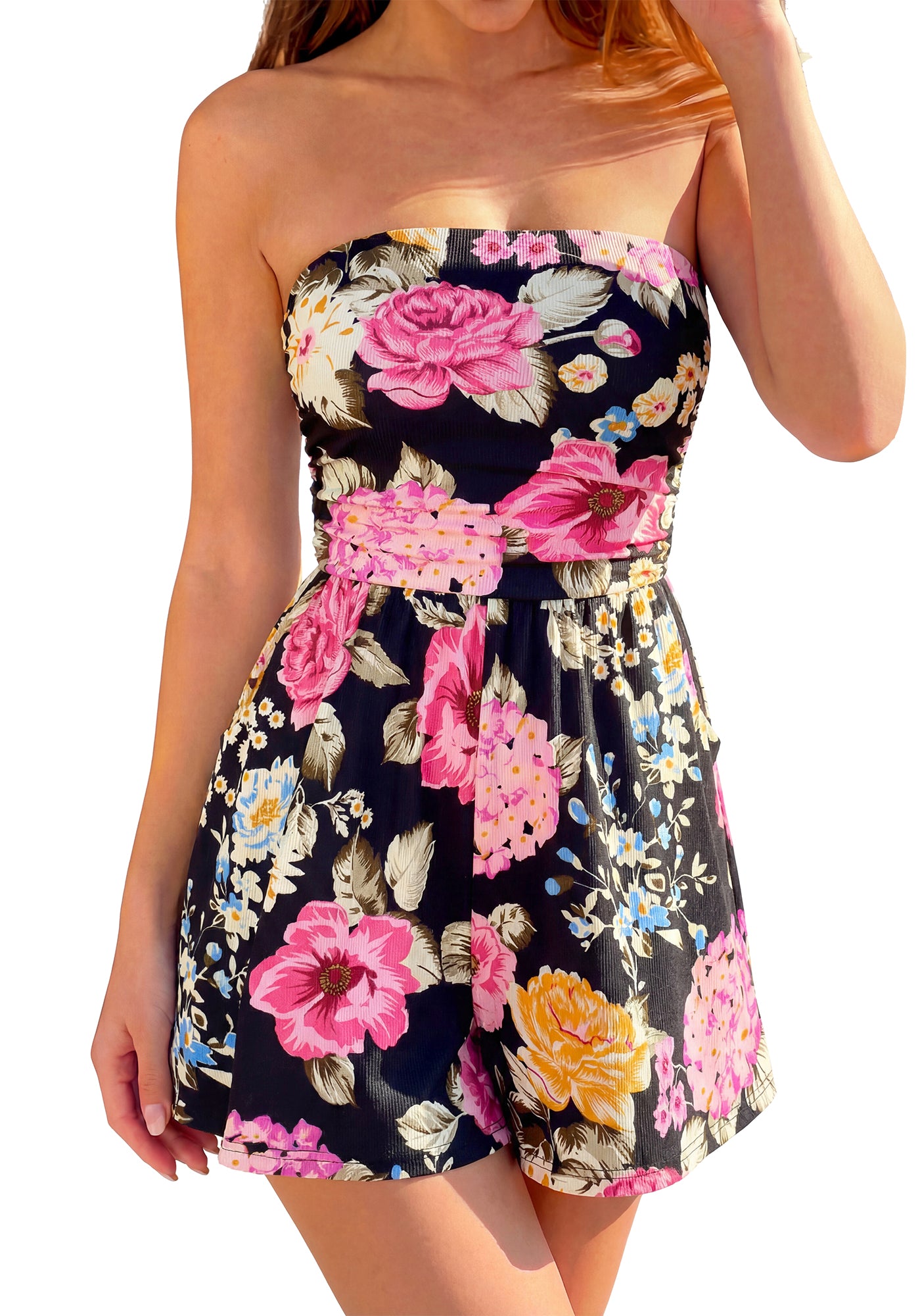 BTFBM Romper For Women 2026 Spring Strapless Printed Tube Boho Wide Leg Beach Short Jumpsuit Summer Date Night Rompers