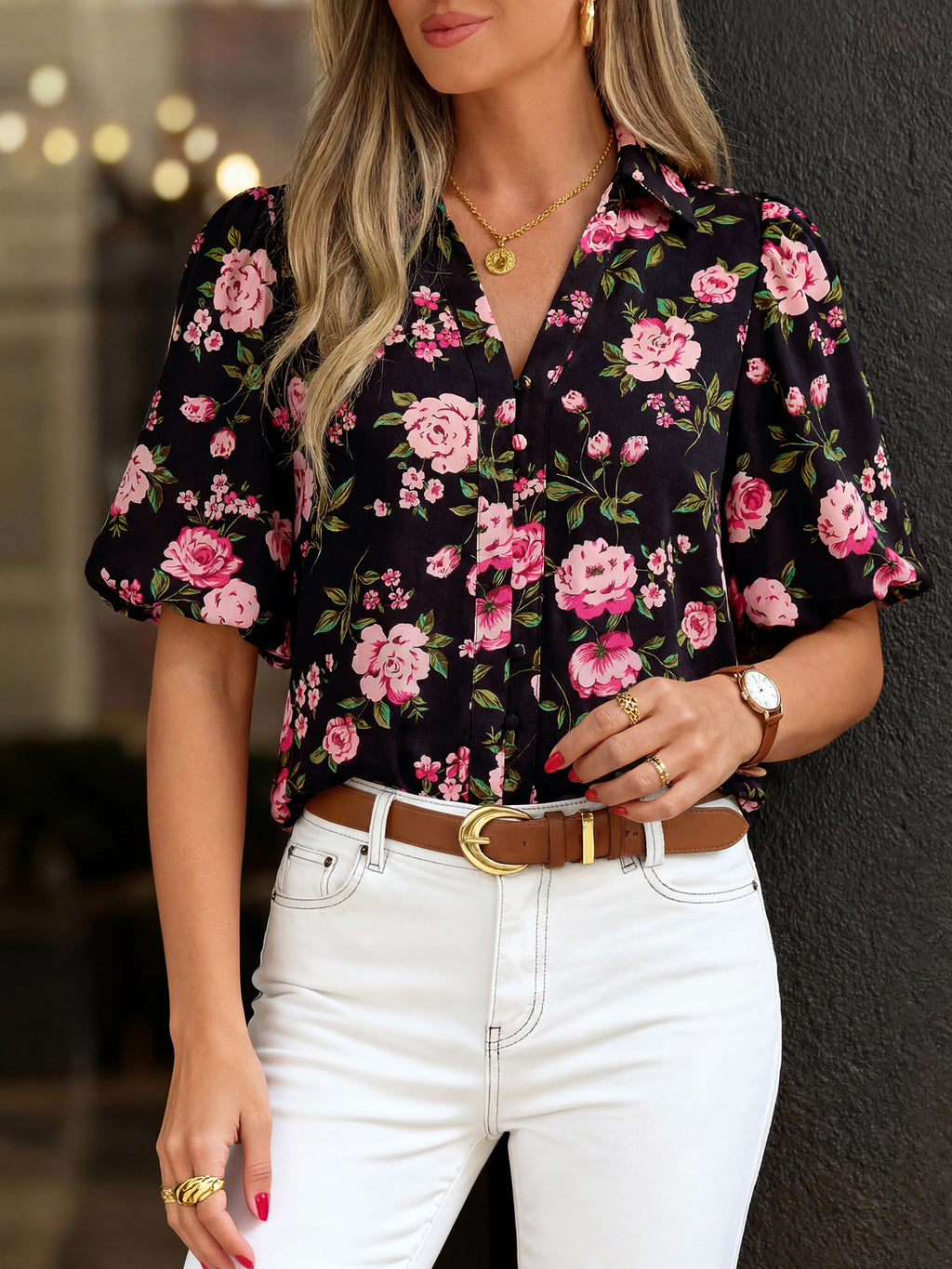 BTFBM Womens Tops Summer Button Down Shirts Casual Short Sleeve V Neck Floral Boho Business Blouses Vacation Outfits