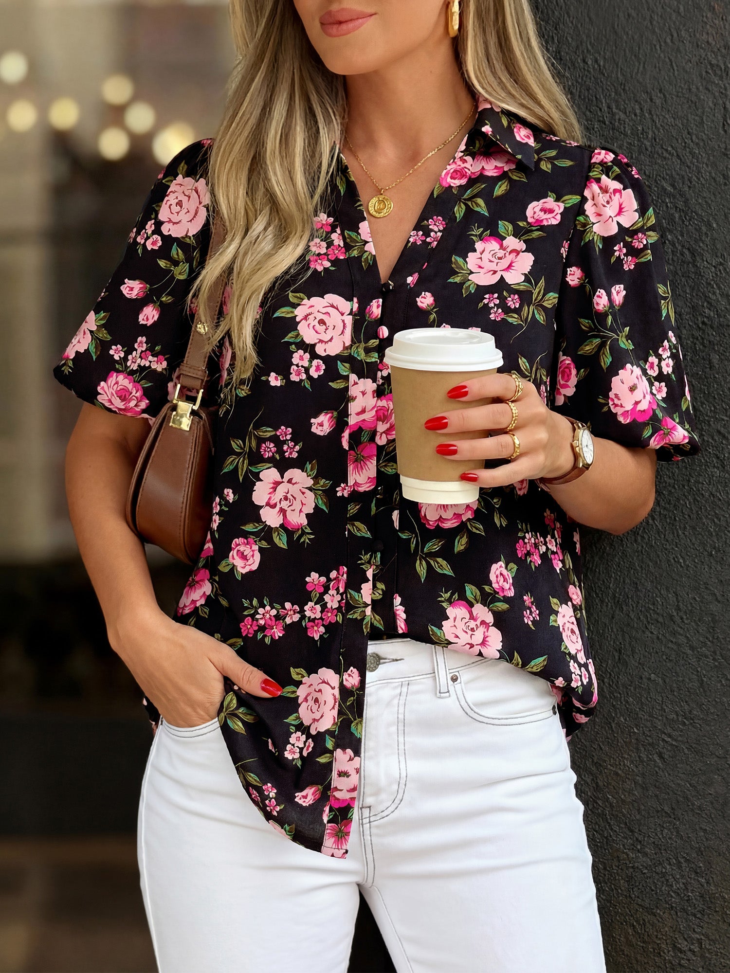 BTFBM Womens Tops Summer Button Down Shirts Casual Short Sleeve V Neck Floral Boho Business Blouses Vacation Outfits