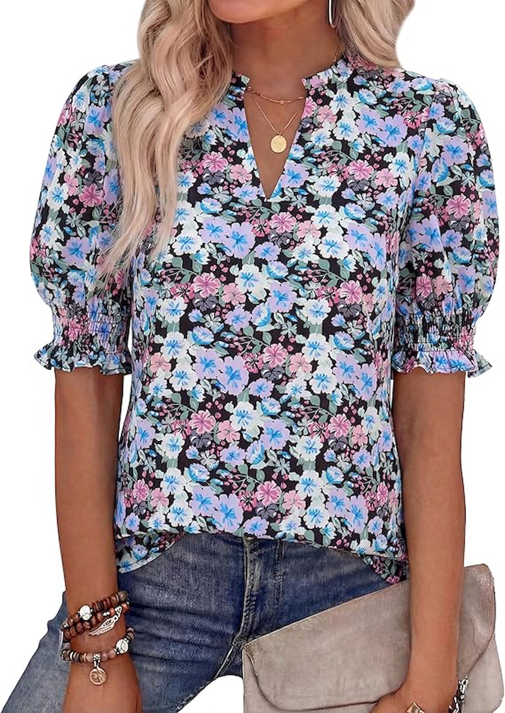 BTFBM Summer Blouses for Women Dressy Casual 2026 Fashion Spring Tops Floral Boho V Neck Puff Short Sleeve Top Shirts