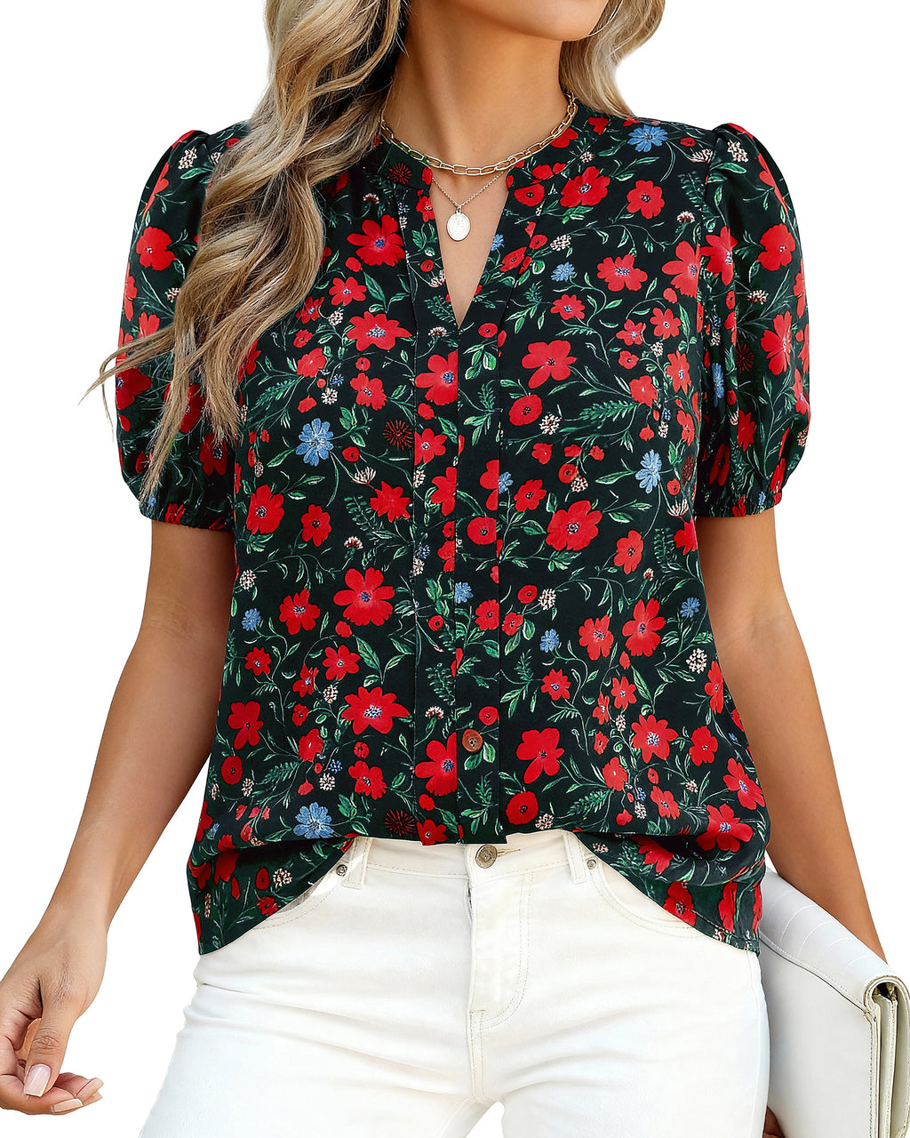 BTFBM Womens Tops 2026 Summer Casual Loose Puff Sleeve V Neck Floral Floral Work Blouse Dressy T Shirts Tunics