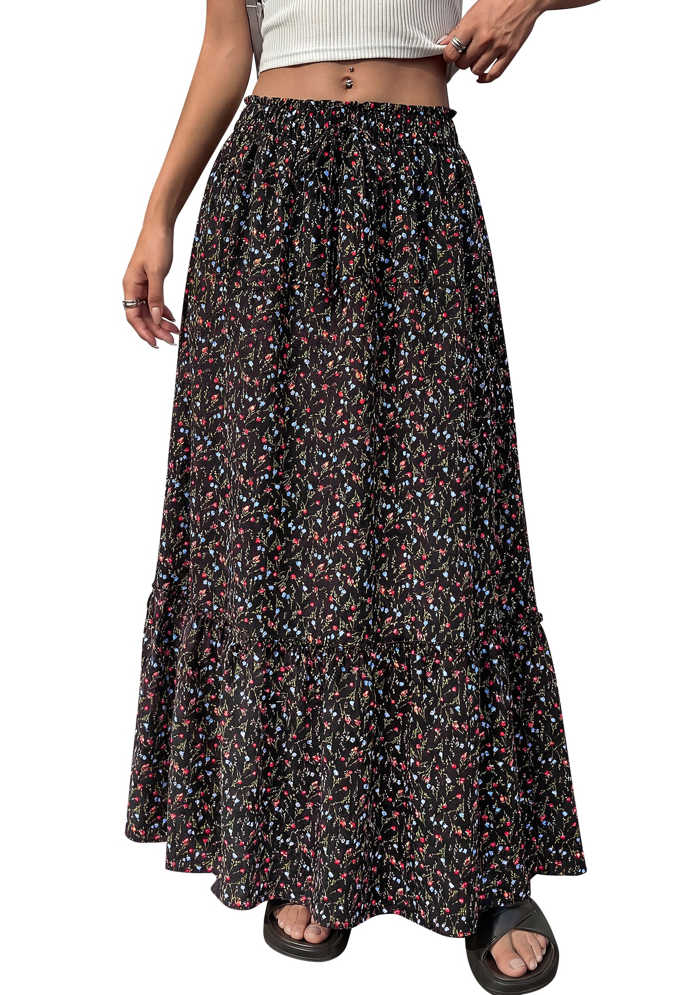BTFBM Womens Boho Maxi Skirt 2026 Summer Floral High Waisted Flowy Tiered Long Spring Beach Vacation Skirts Pockets