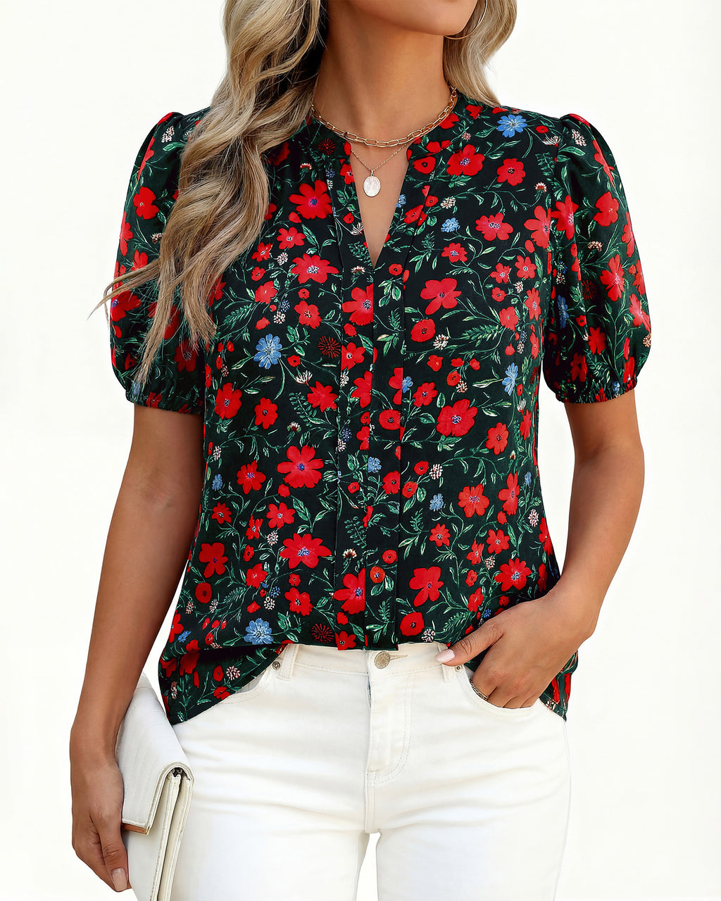 BTFBM Womens Tops 2026 Summer Casual Loose Puff Sleeve V Neck Floral Floral Work Blouse Dressy T Shirts Tunics