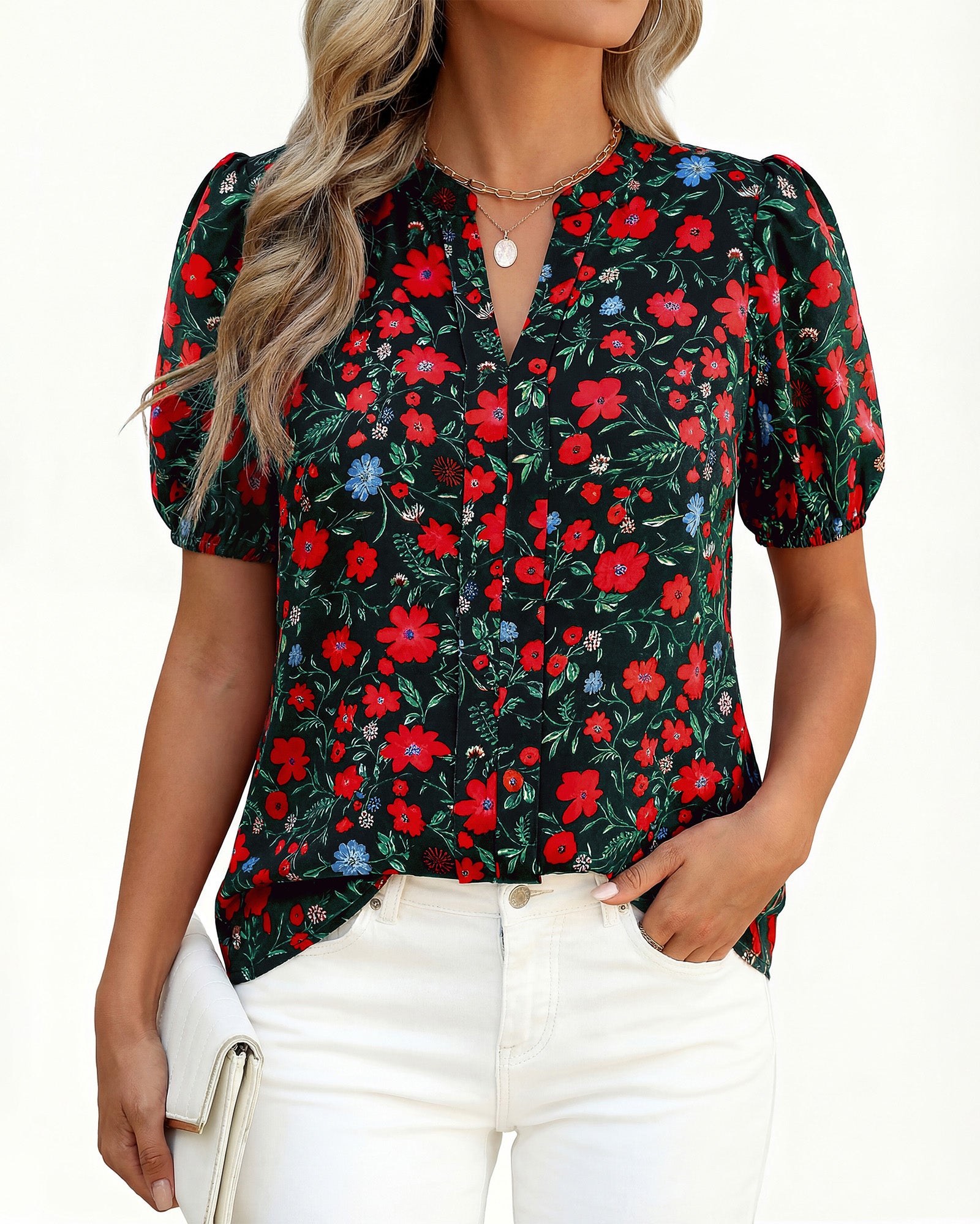 BTFBM Womens Tops 2026 Summer Casual Loose Puff Sleeve V Neck Floral Floral Work Blouse Dressy T Shirts Tunics