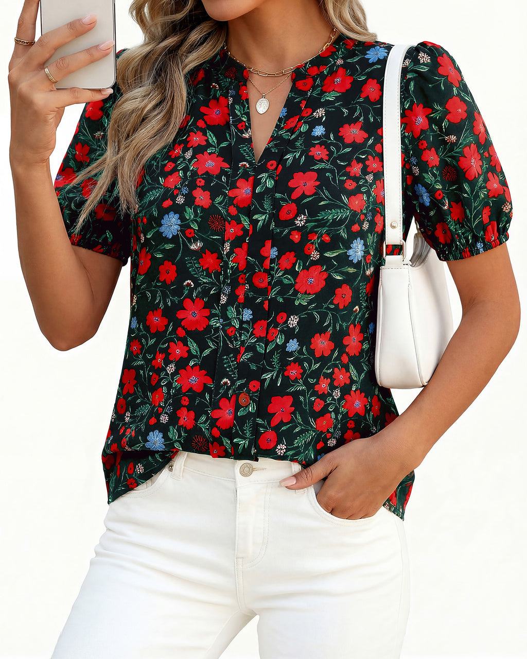BTFBM Womens Tops 2026 Summer Casual Loose Puff Sleeve V Neck Floral Floral Work Blouse Dressy T Shirts Tunics
