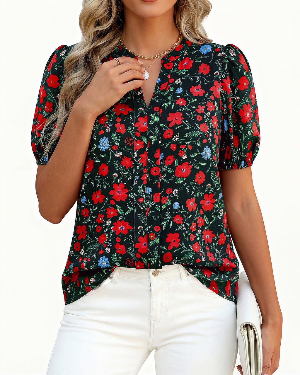 BTFBM Womens Tops 2026 Summer Casual Loose Puff Sleeve V Neck Floral Floral Work Blouse Dressy T Shirts Tunics