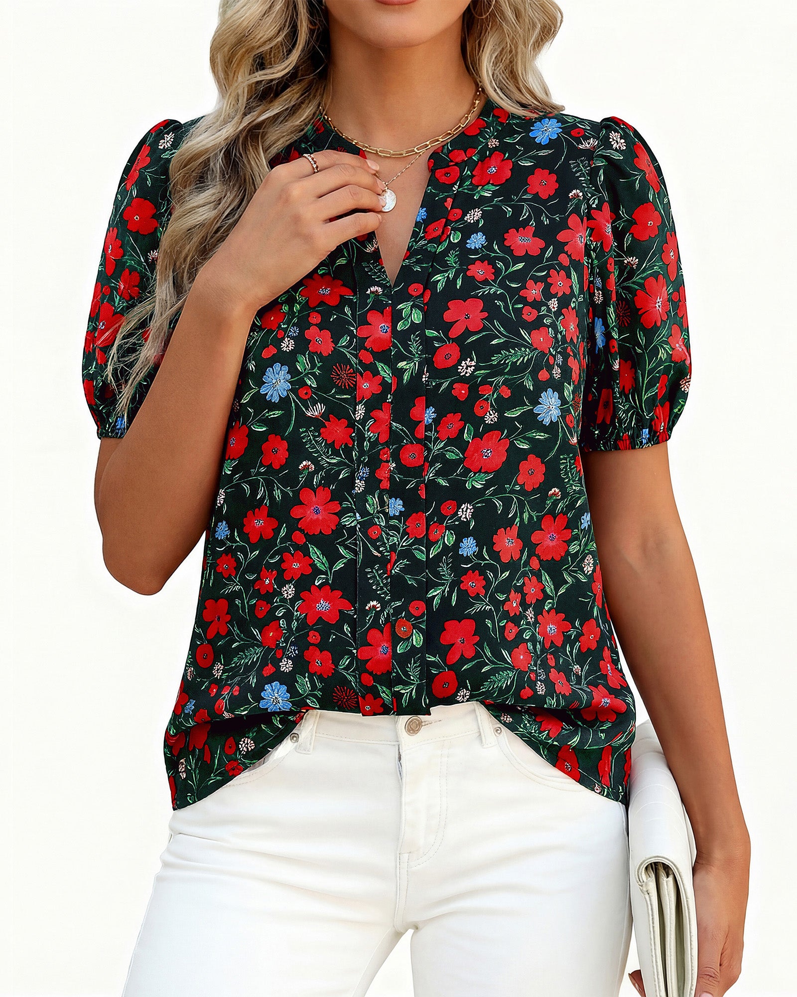 BTFBM Womens Tops 2026 Summer Casual Loose Puff Sleeve V Neck Floral Floral Work Blouse Dressy T Shirts Tunics