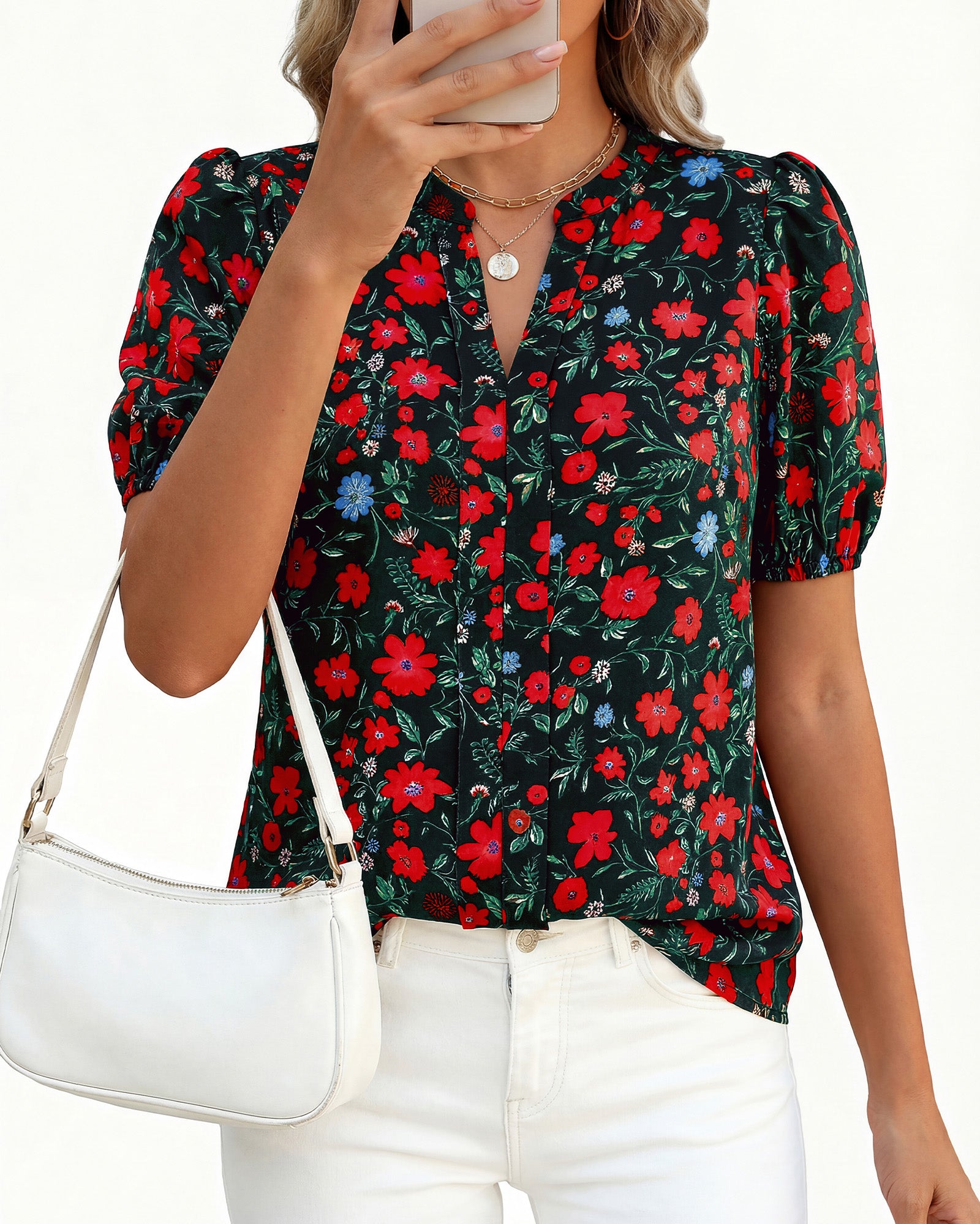 BTFBM Womens Tops 2026 Summer Casual Loose Puff Sleeve V Neck Floral Floral Work Blouse Dressy T Shirts Tunics