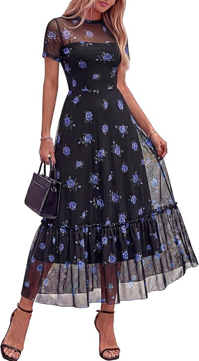 BTFBM Summer Dresses for Women 2026 Mesh Short Sleeve Floral Print Ruffle Long Boho Wedding Guest Dress Cocktail