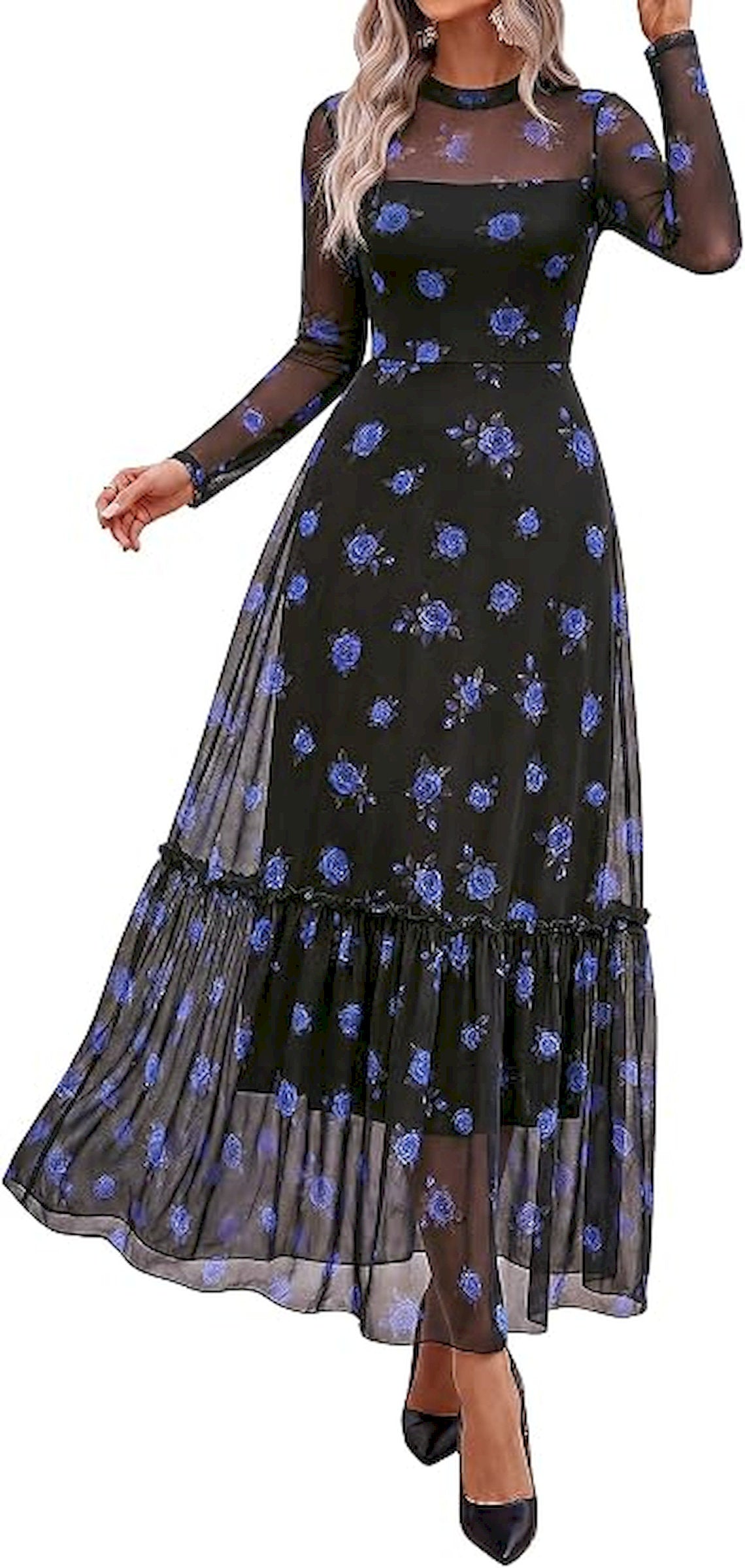 BTFBM Boho Mesh Long Sleeve Dress for Women | Mock Neck, Floral, A Line, Tiered, Baby Shower, Graduation, Wedding, Cocktail Maxi Dresses, 2026 Fall Fashion, Resort Wear