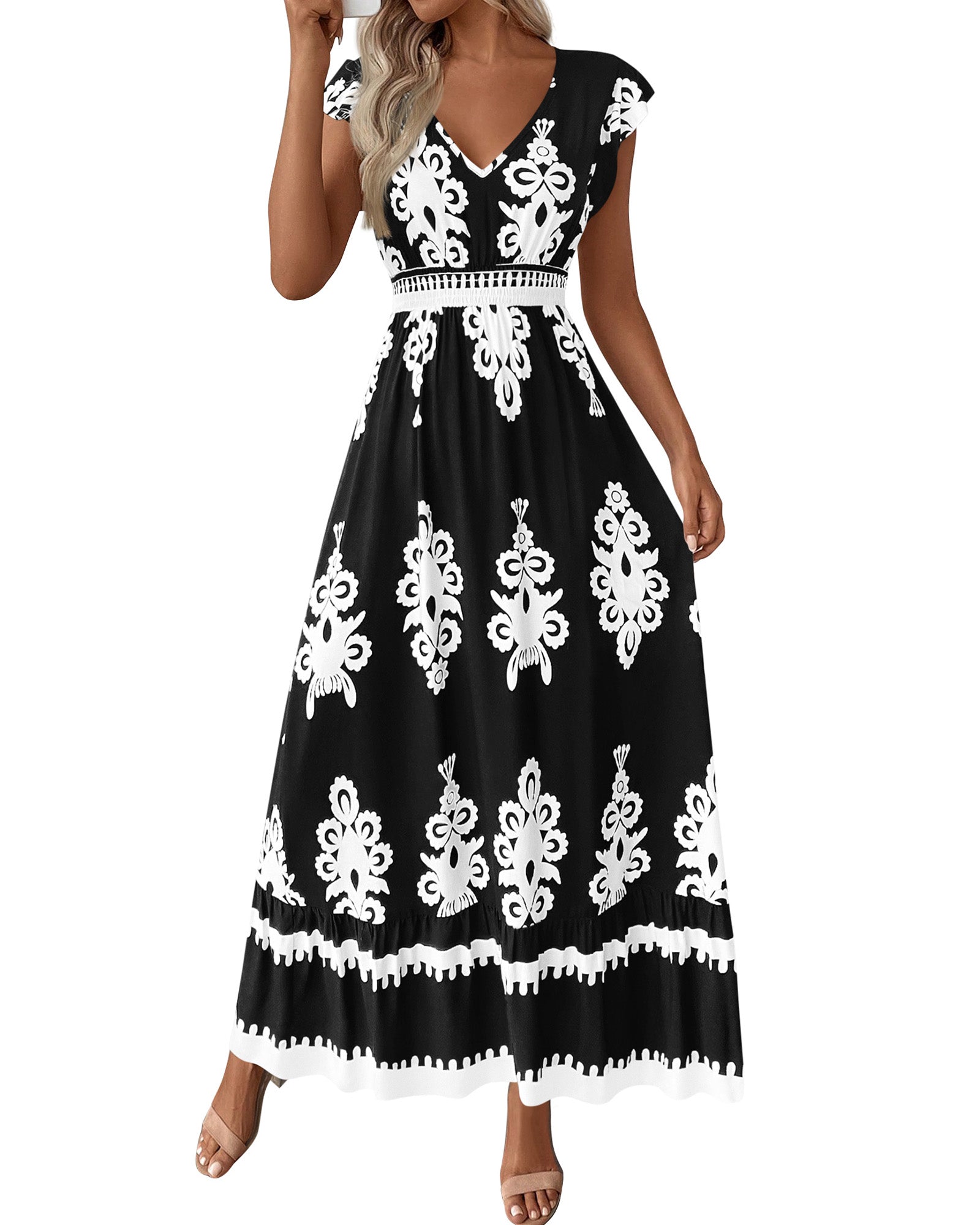 Summer Dresses for Women Beach Fashion Floral Short Sleeve V Neck Boho Long Wedding Guest Maxi Dress Spring