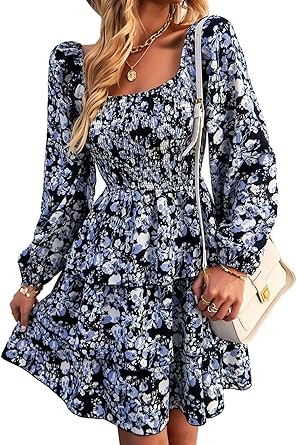BTFBM Womens Long Sleeve Dress Vacation Square Neck Smocked Floral Swiss Dot Mini Boho Spring Wedding Guest Dresses 2026