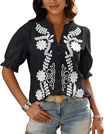 BTFBM Women's 2026 Spring Tops Casual Floral Boho V Neck Puff Short Sleeve Button Down Shirts Embroidered Blouses Tunic