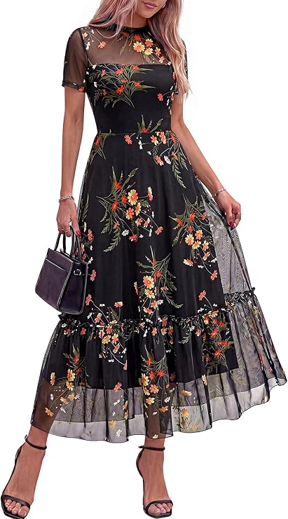BTFBM Summer Dresses for Women 2026 Mesh Short Sleeve Floral Print Ruffle Long Boho Wedding Guest Dress Cocktail