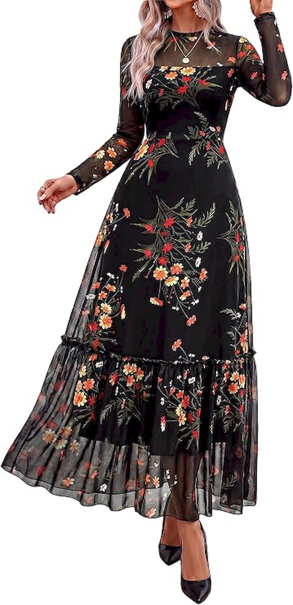BTFBM Boho Mesh Long Sleeve Dress for Women | Mock Neck, Floral, A Line, Tiered, Baby Shower, Graduation, Wedding, Cocktail Maxi Dresses, 2026 Fall Fashion, Resort Wear