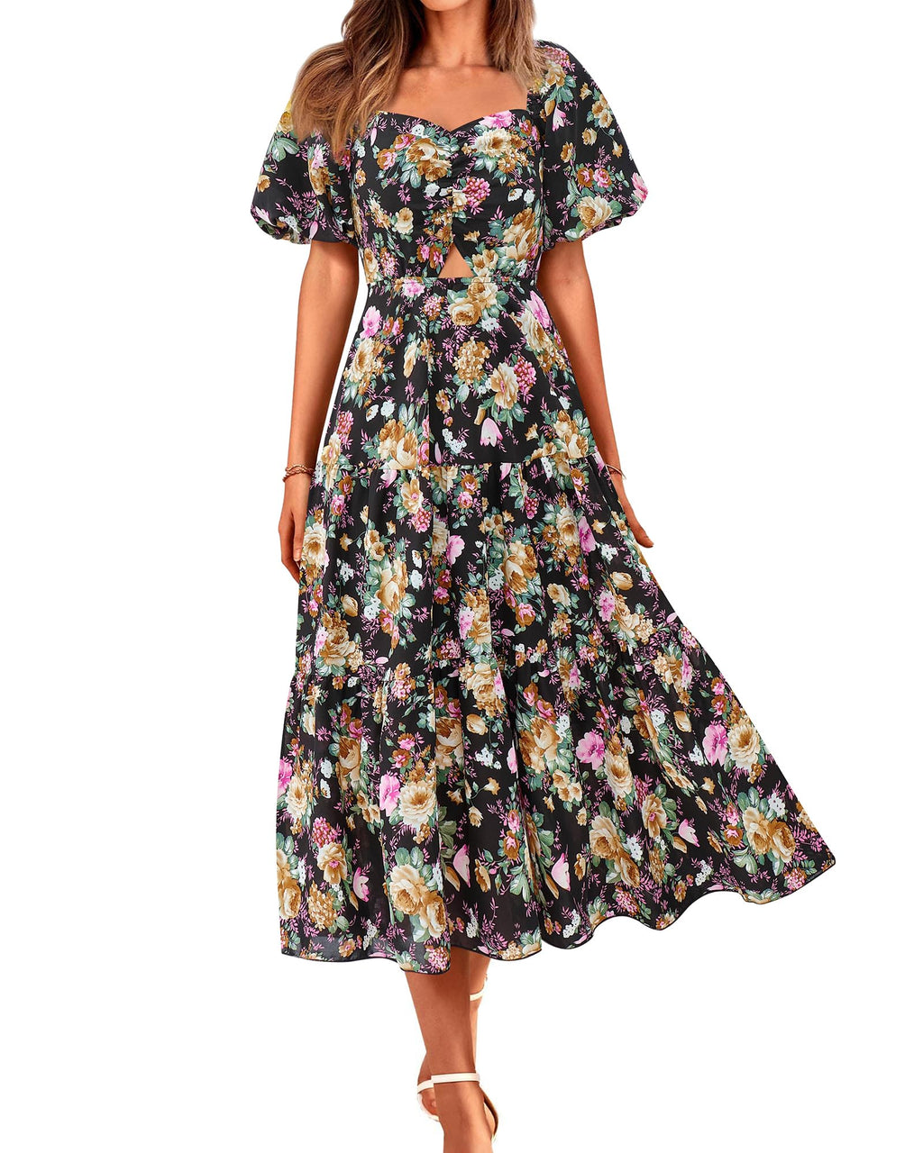 BTFBM Summer Dresses for Women 2026 Spring Outfits Beach Vacation Short Sleeve Smocked Boho Casual Floral Maxi Dress