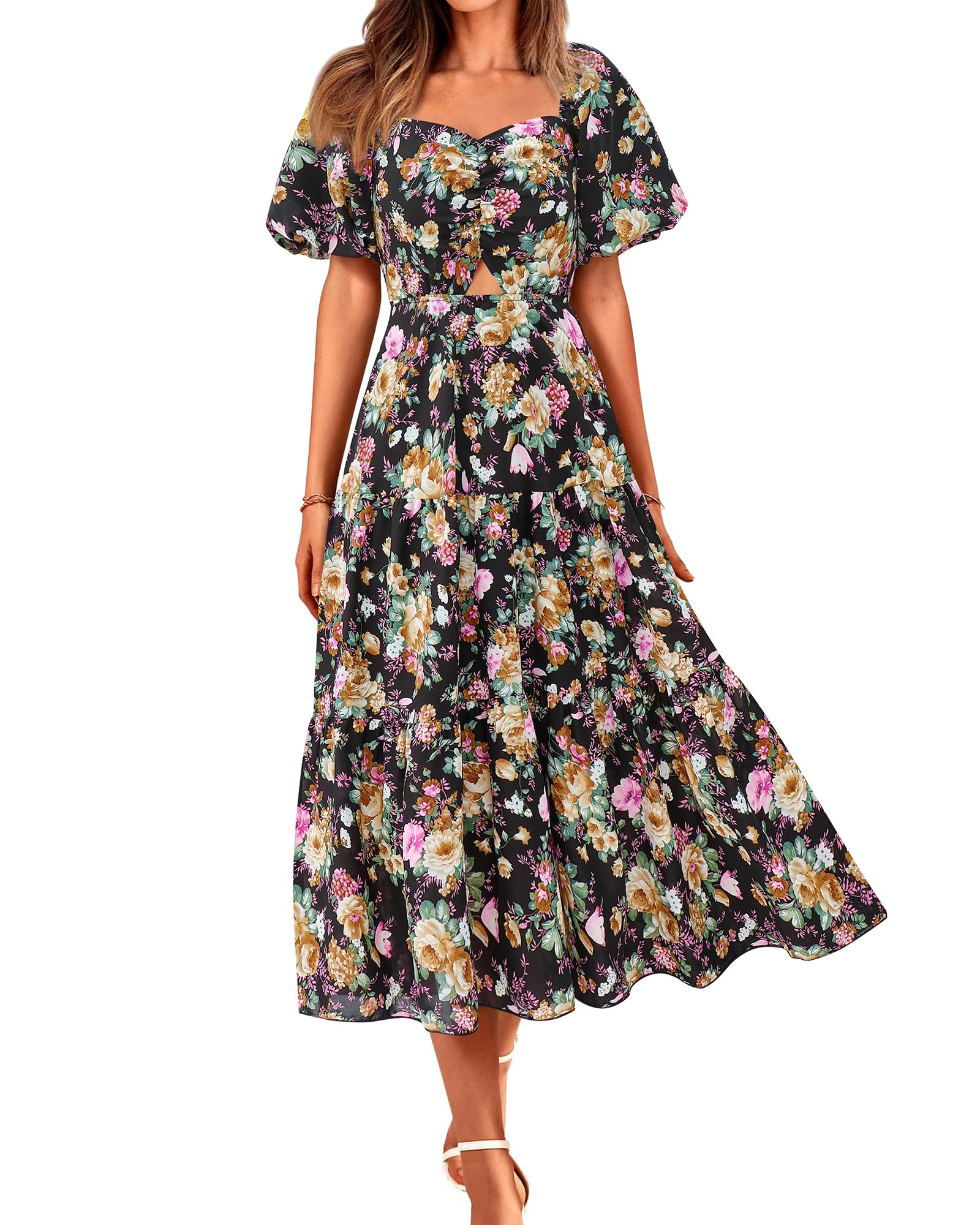 BTFBM Summer Dresses for Women 2026 Spring Outfits Beach Vacation Short Sleeve Smocked Boho Casual Floral Maxi Dress