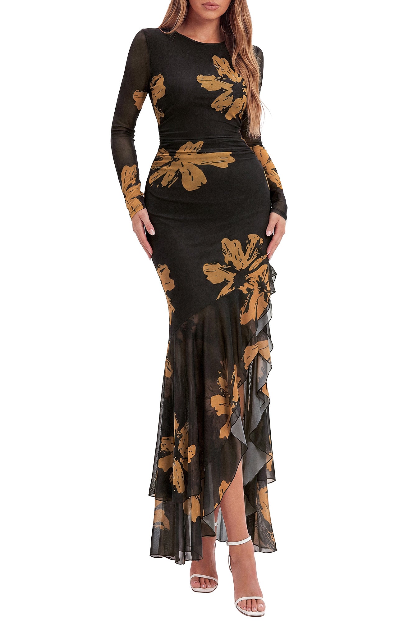 BTFBM Women's Maxi Dresses Fall 2026 Long Sleeve Bodycon Floral Ruffle Cocktail Wedding Guest Dress Concert Outfits