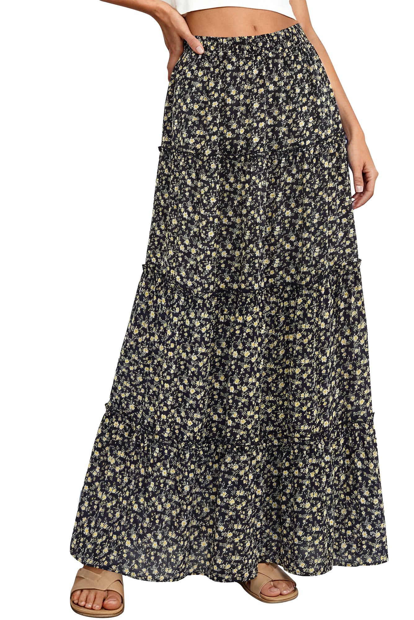 BTFBM Floral Maxi Skirts for Women Summer Spring 2026 Elastic Waist Tiered Flowy Beach Vacation Boho Midi Long Skirt