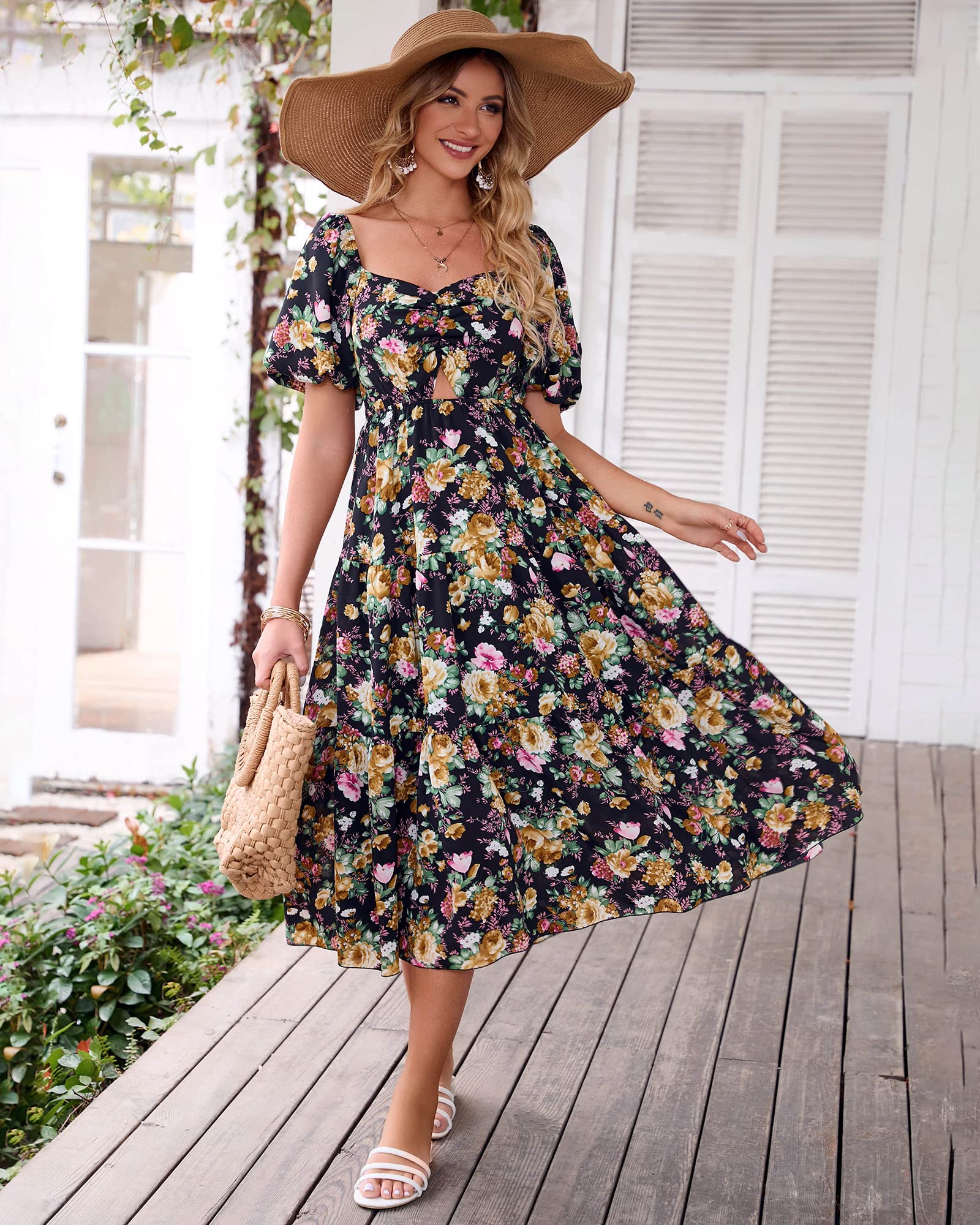 BTFBM Summer Dresses for Women 2026 Spring Outfits Beach Vacation Short Sleeve Smocked Boho Casual Floral Maxi Dress