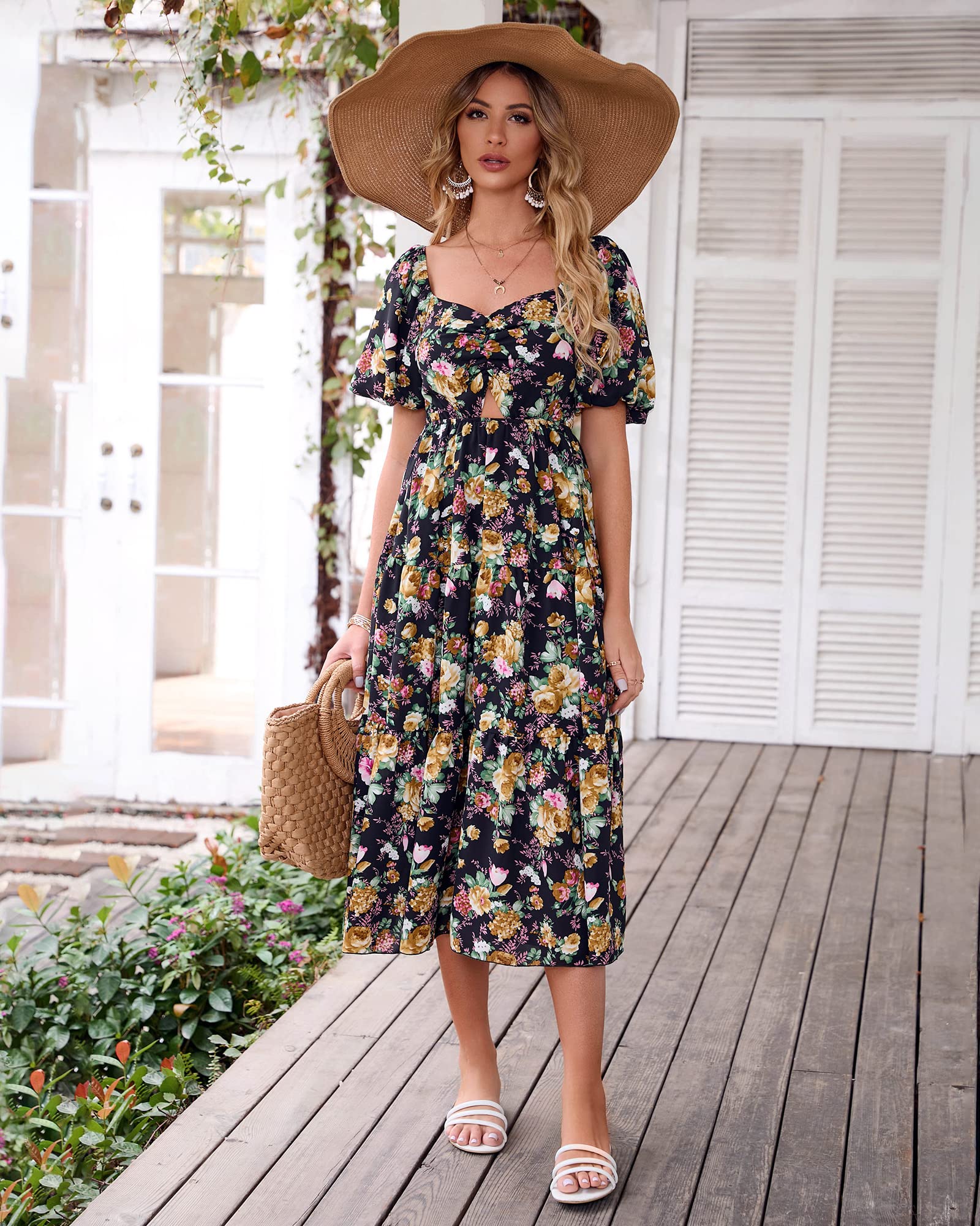 BTFBM Summer Dresses for Women 2026 Spring Outfits Beach Vacation Short Sleeve Smocked Boho Casual Floral Maxi Dress