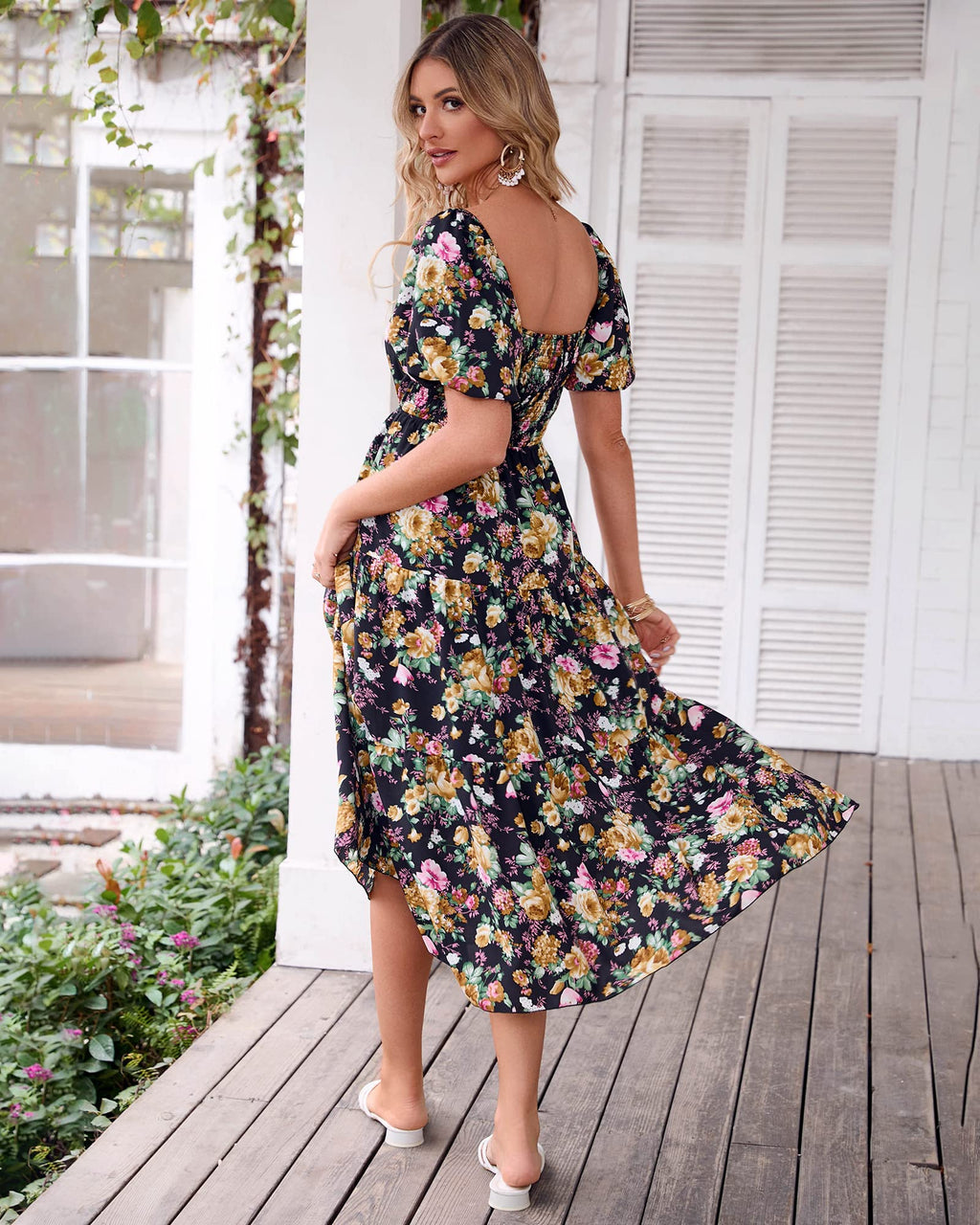 BTFBM Summer Dresses for Women 2026 Spring Outfits Beach Vacation Short Sleeve Smocked Boho Casual Floral Maxi Dress