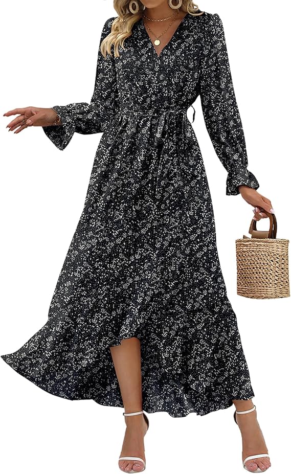 BTFBM Womens Dresses Summer 2026 V Neck Floral High Waist Ruffle Wedding Guest Cocktail Boho Spring Long Sleeve Dress