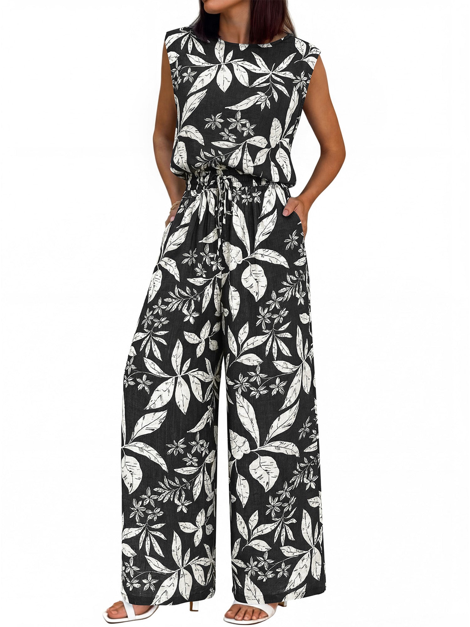 BTFBM Lounge Sets For Women Summer Sweatsuits 2 Piece Tracksuit Sleeveless Tops Wide Leg Pants Floral Vacation Outfits