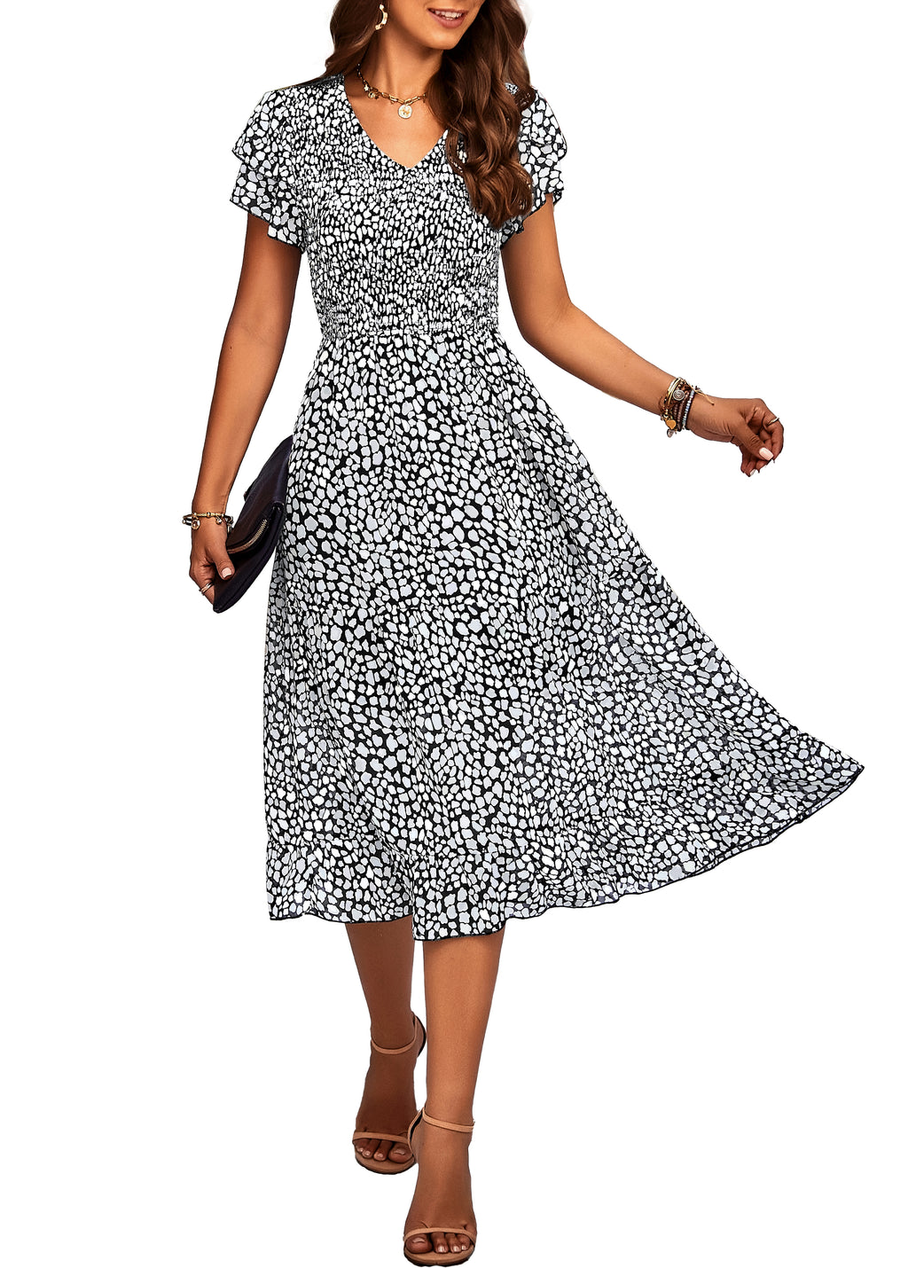 BTFBM Women Casual Summer Dresses Wedding Guest Dress  Ruffles Tiered Sleeves, Smocked,V Neck,Midi,Boho Dress,Floral,Solid,Homecoming,Cocktail,Party,Beach Vacation Clothes