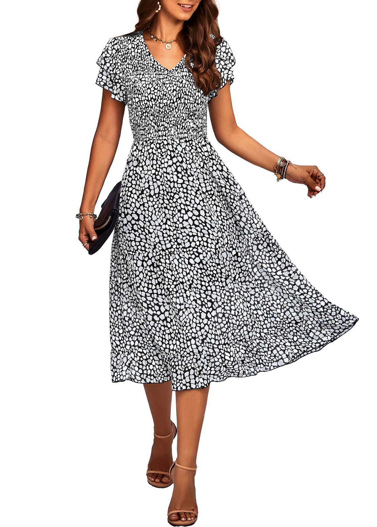 BTFBM Women Casual Summer Dresses Wedding Guest Dress  Ruffles Tiered Sleeves, Smocked,V Neck,Midi,Boho Dress,Floral,Solid,Homecoming,Cocktail,Party,Beach Vacation Clothes