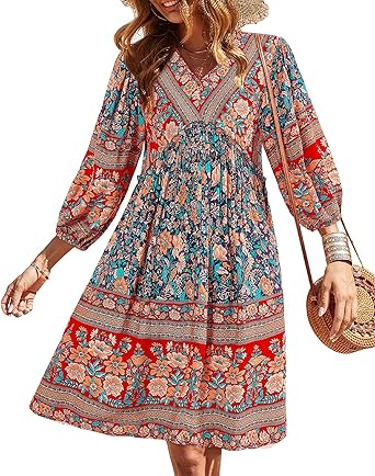 BTFBM Women Casual Spring Summer Dresses V Neck 3/4 Long Sleeve Ruffle Floral Flowy Boho Babydoll Mini Short Beach Dress