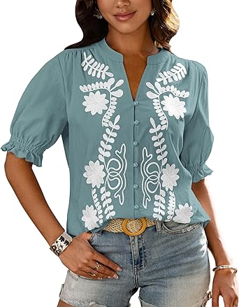 BTFBM Women's 2026 Spring Tops Casual Floral Boho V Neck Puff Short Sleeve Button Down Shirts Embroidered Blouses Tunic