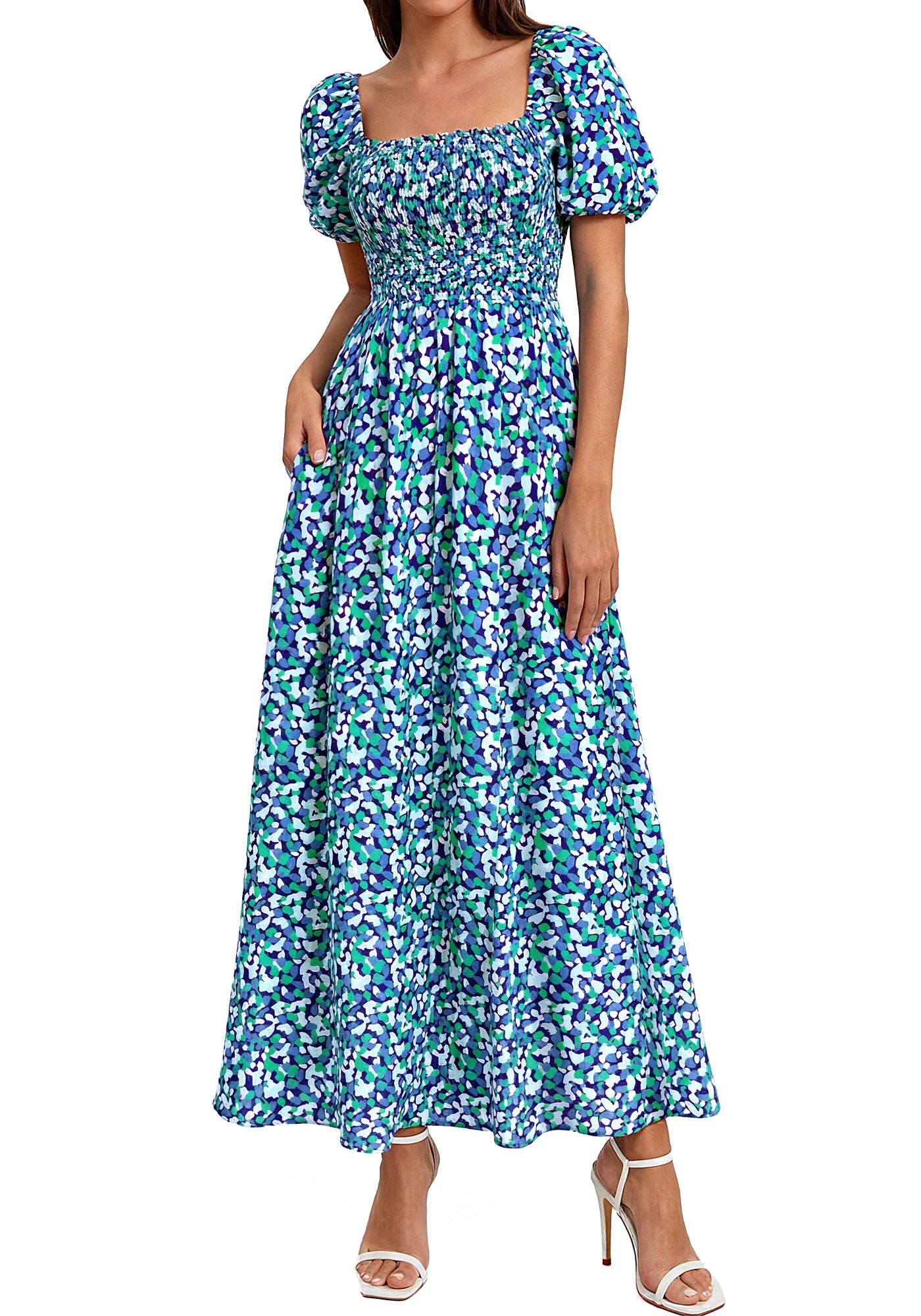 BTFBM Womens Spring Summer Dresses 2026 Square Neck Puff Short Sleeve Smocked Floral Boho Beach Wedding Guest Maxi Dress