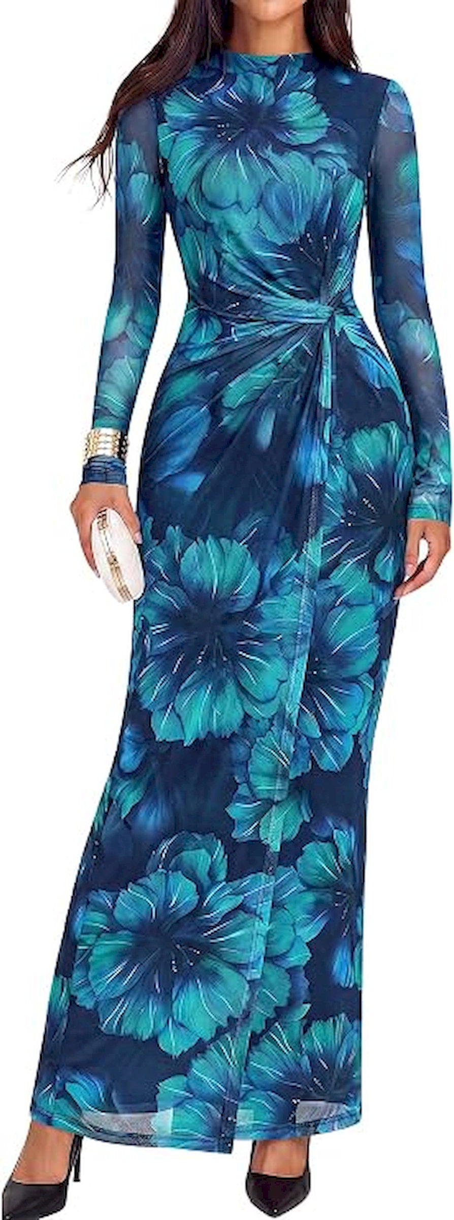 BTFBM Cocktail Dresses for Women Fall Fashion 2026 | Mock Neck, Floral, Sheer Mesh, Long Sleeve, Ruched, Twist Knot, Slit, Graduation,Baby Shower, Maxi Formal Wedding Guest Dress