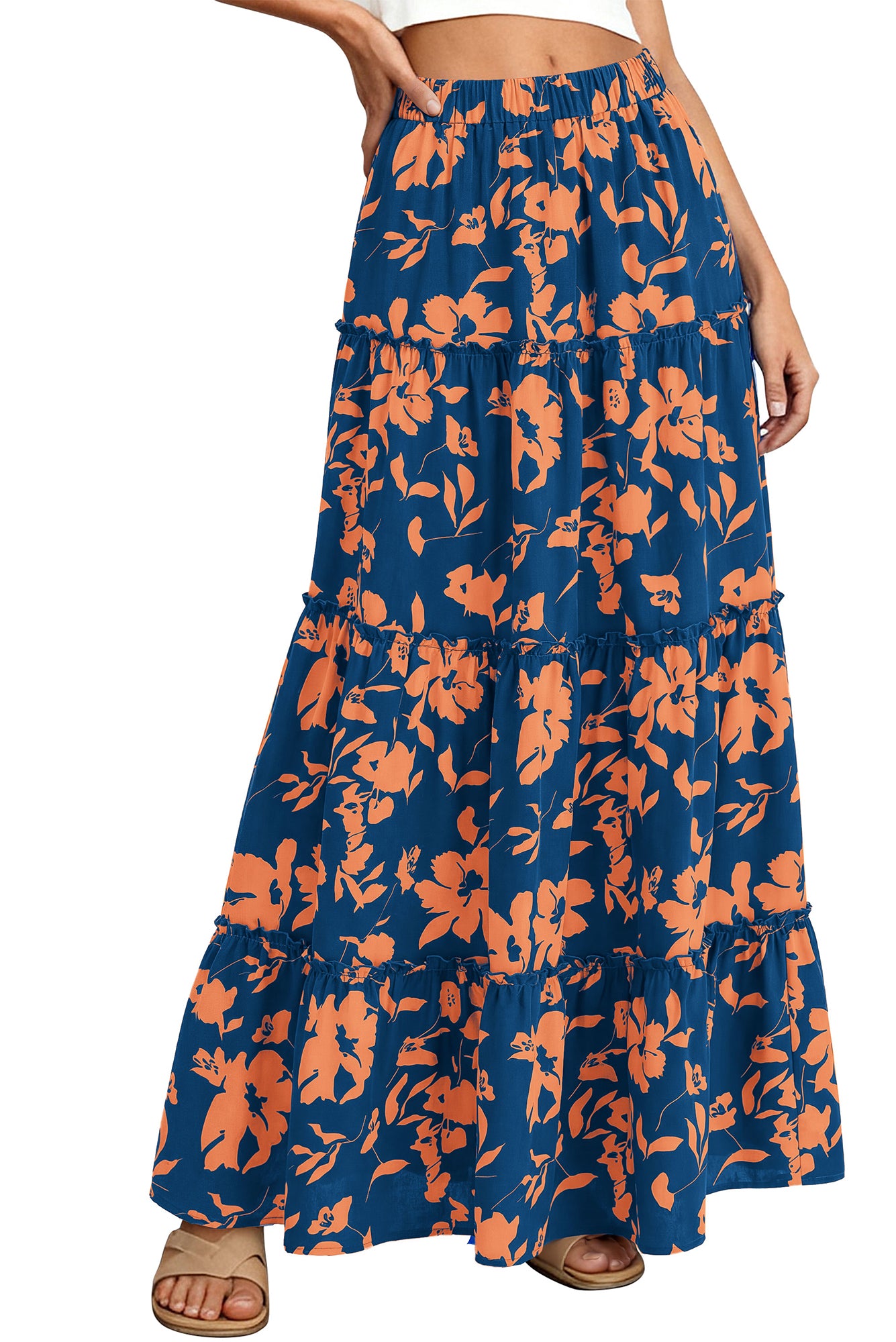 BTFBM Floral Maxi Skirts for Women Summer Spring 2026 Elastic Waist Tiered Flowy Beach Vacation Boho Midi Long Skirt
