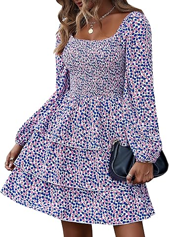 BTFBM Womens Long Sleeve Dress Vacation Square Neck Smocked Floral Swiss Dot Mini Boho Spring Wedding Guest Dresses 2026