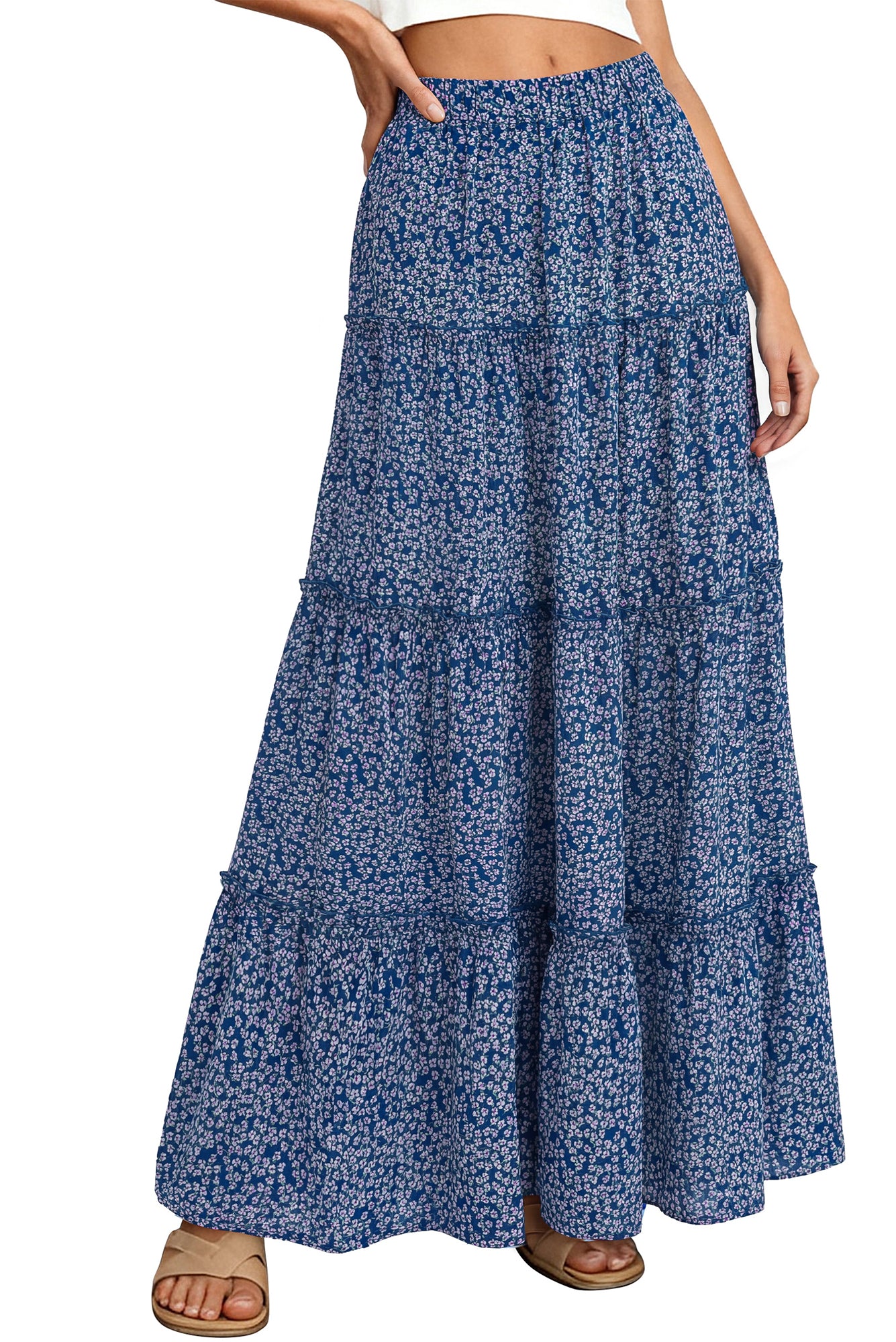 BTFBM Floral Maxi Skirts for Women Summer Spring 2026 Elastic Waist Tiered Flowy Beach Vacation Boho Midi Long Skirt