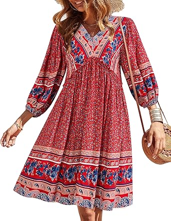BTFBM Women Casual Spring Summer Dresses V Neck 3/4 Long Sleeve Ruffle Floral Flowy Boho Babydoll Mini Short Beach Dress
