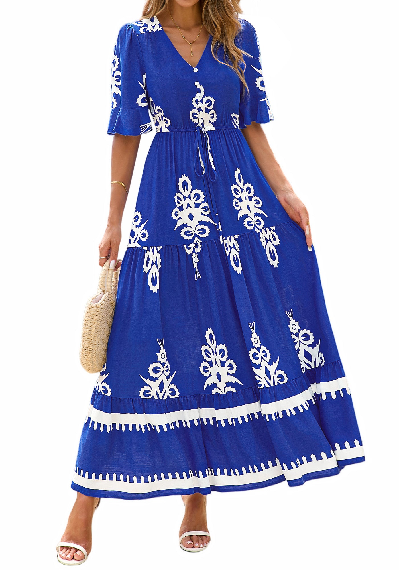 BTFBM Boho Dresses for Women 2026 Summer Spring Casual Floral Short Sleeve V Neck Flowy A-Line Maxi Party Dress Pockets