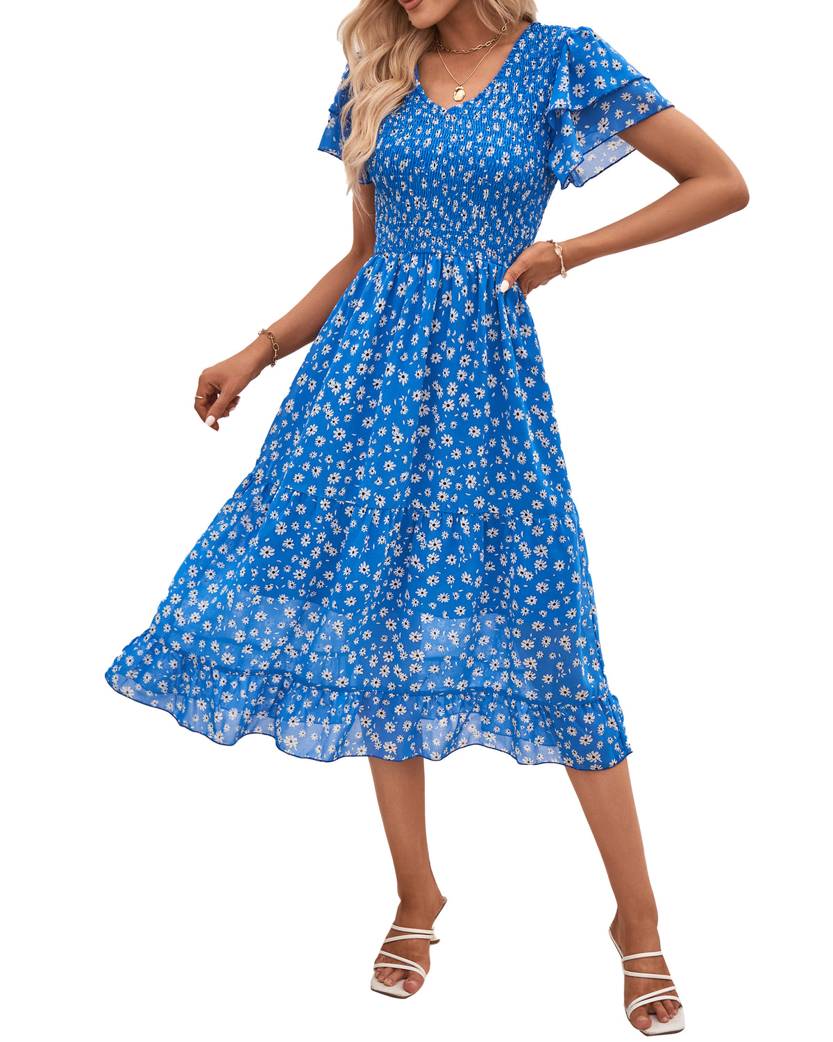 BTFBM Women Casual Summer Dresses Wedding Guest Dress  Ruffles Tiered Sleeves, Smocked,V Neck,Midi,Boho Dress,Floral,Solid,Homecoming,Cocktail,Party,Beach Vacation Clothes