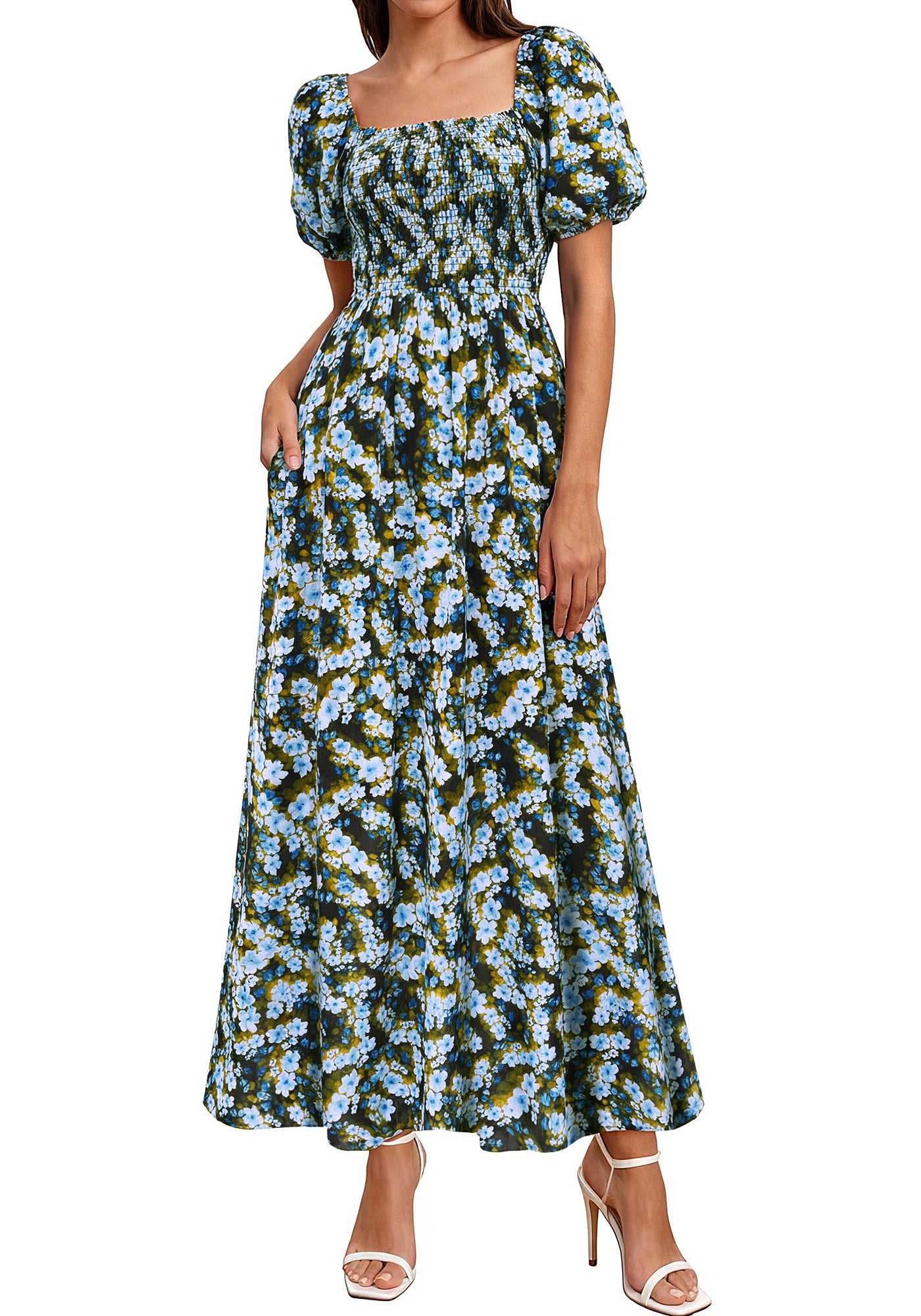 BTFBM Womens Spring Summer Dresses 2026 Square Neck Puff Short Sleeve Smocked Floral Boho Beach Wedding Guest Maxi Dress