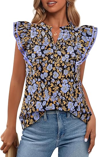 BTFBM Womens Tops Dressy Casual 2026 Spring Summer Shirts Boho Floral V Neck Ruffle Cap Sleeve Business Work Blouses