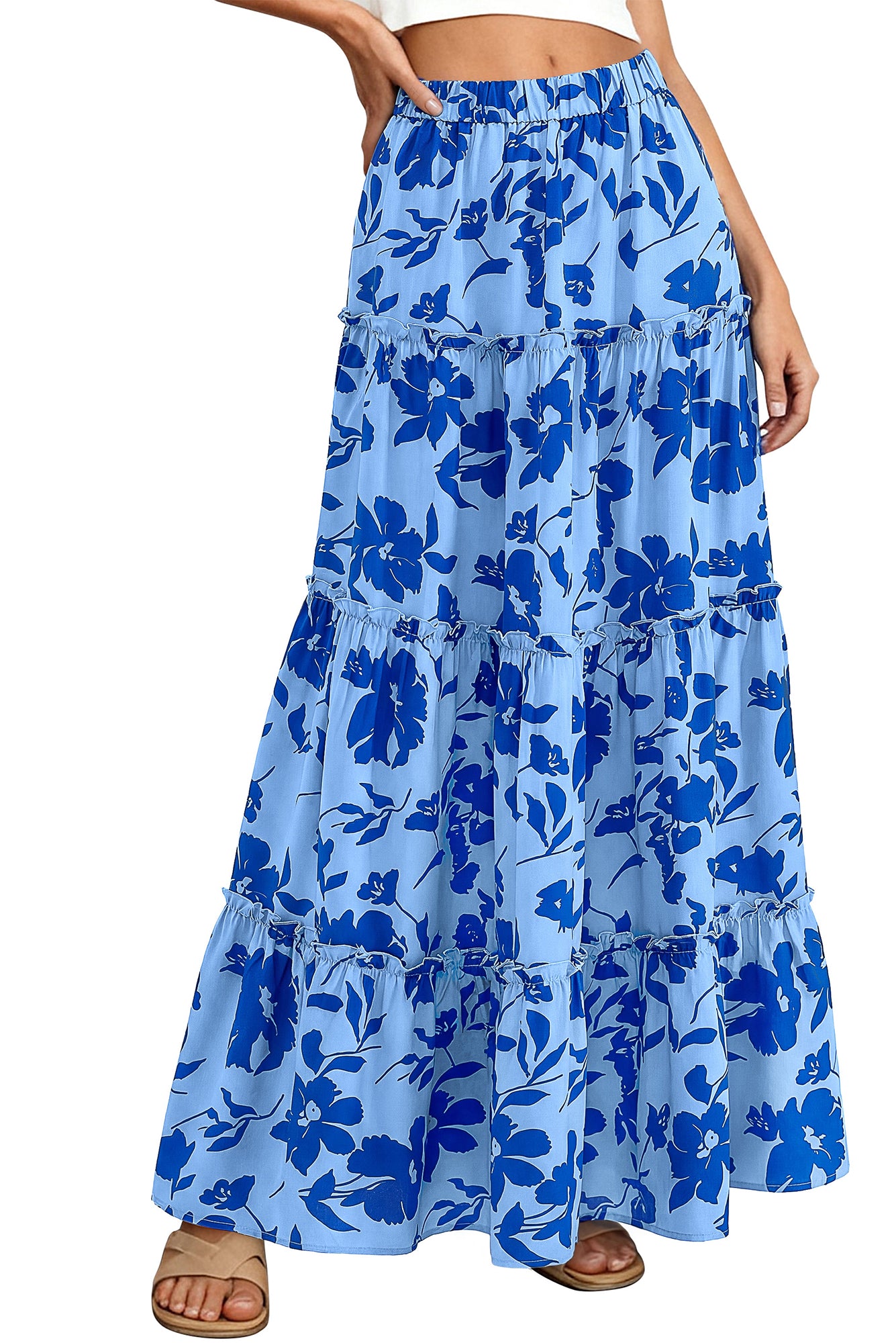 BTFBM Floral Maxi Skirts for Women Summer Spring 2026 Elastic Waist Tiered Flowy Beach Vacation Boho Midi Long Skirt