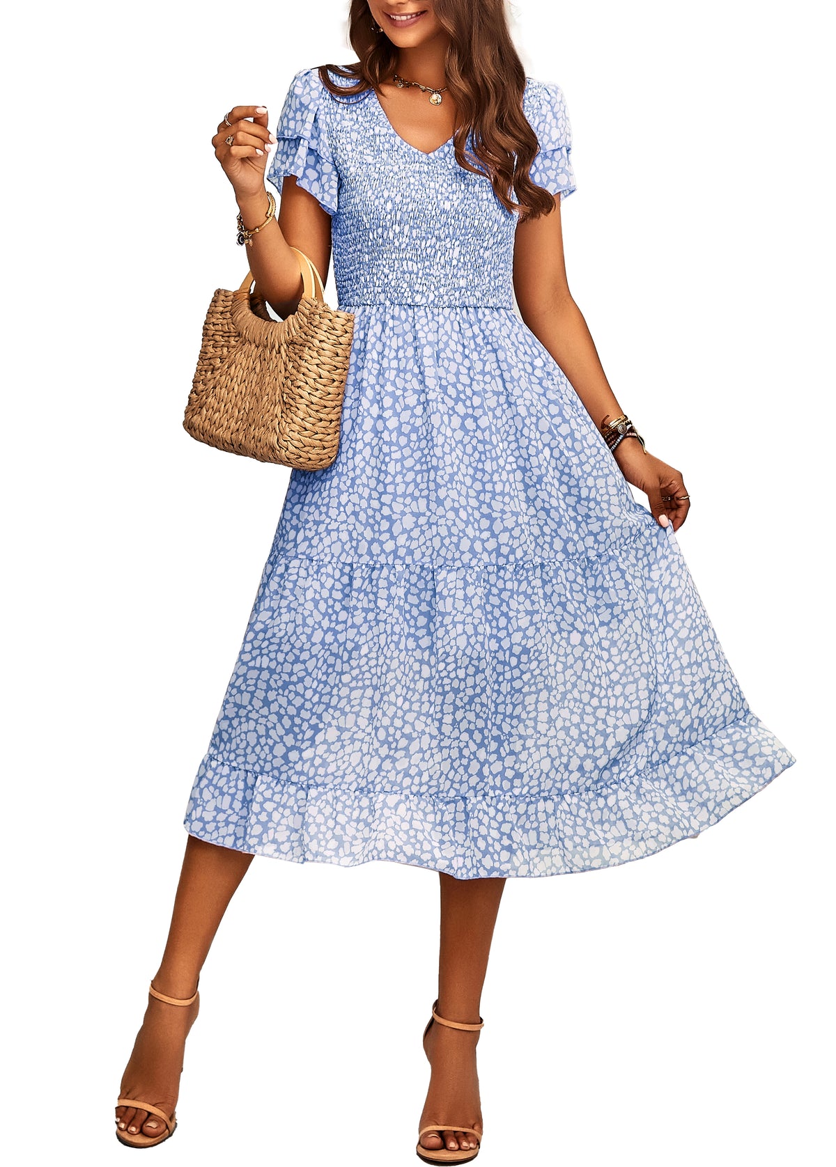 BTFBM Women Casual Summer Dresses Wedding Guest Dress  Ruffles Tiered Sleeves, Smocked,V Neck,Midi,Boho Dress,Floral,Solid,Homecoming,Cocktail,Party,Beach Vacation Clothes